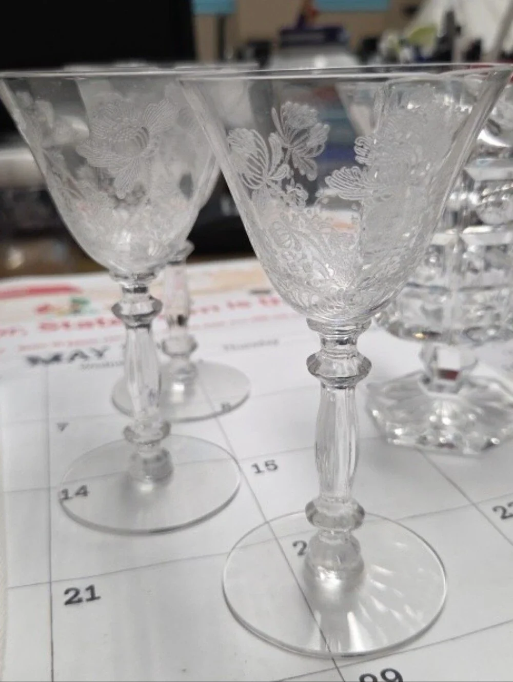Fostoria Crystal Etched Floral Wine Water Goblet Glass -Clear in Shirley Pattern